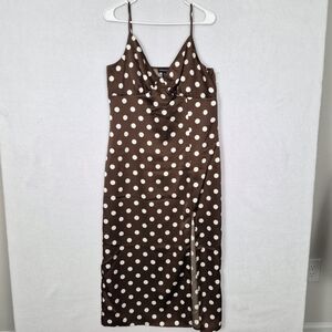 Cynthia Rowley Large Polka Dot Brown Midi Dress Slit Side Zip Satin Spaghetti